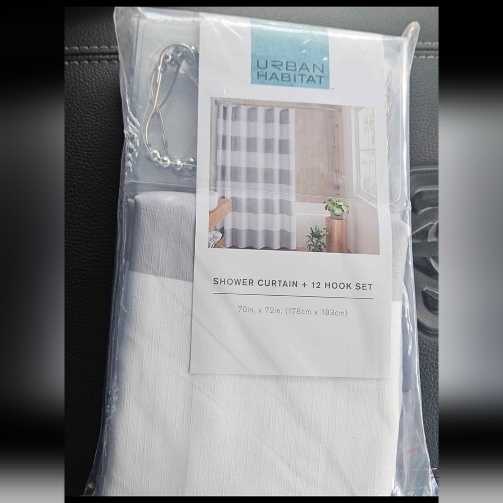 NEW Urban Habitat Light Gray & White Striped Shower Curtain & 12 Silver Hook Set